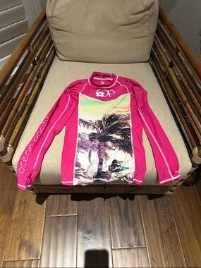 OP Girls Bright Pink Rash Guard with Tropical Palm Print